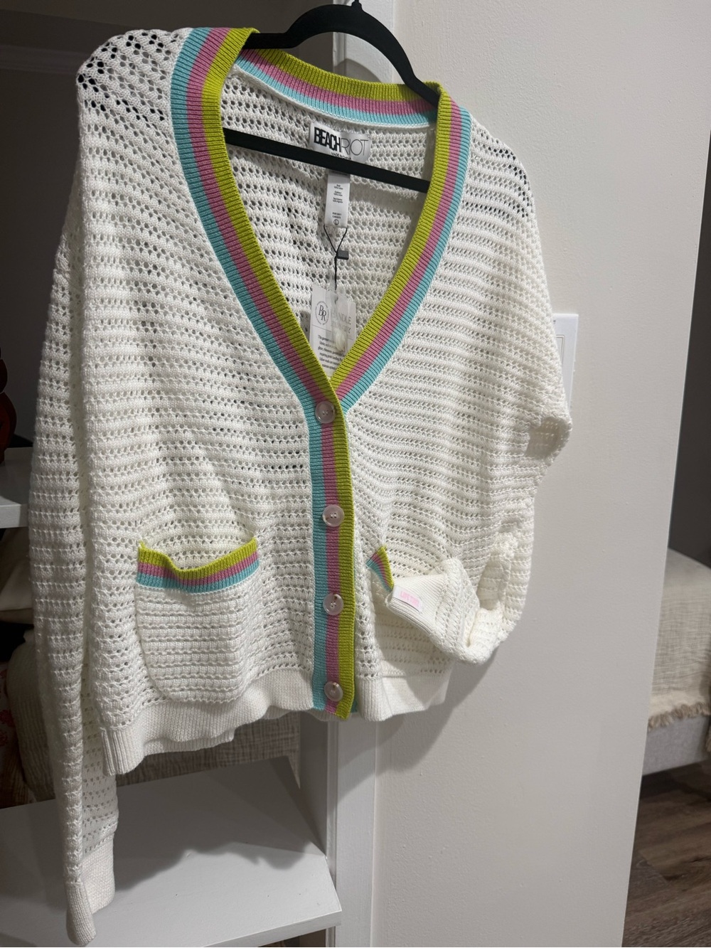 Beach Riot White Open-Knit Cardigan with Turquoise, Lime & Pink Trim